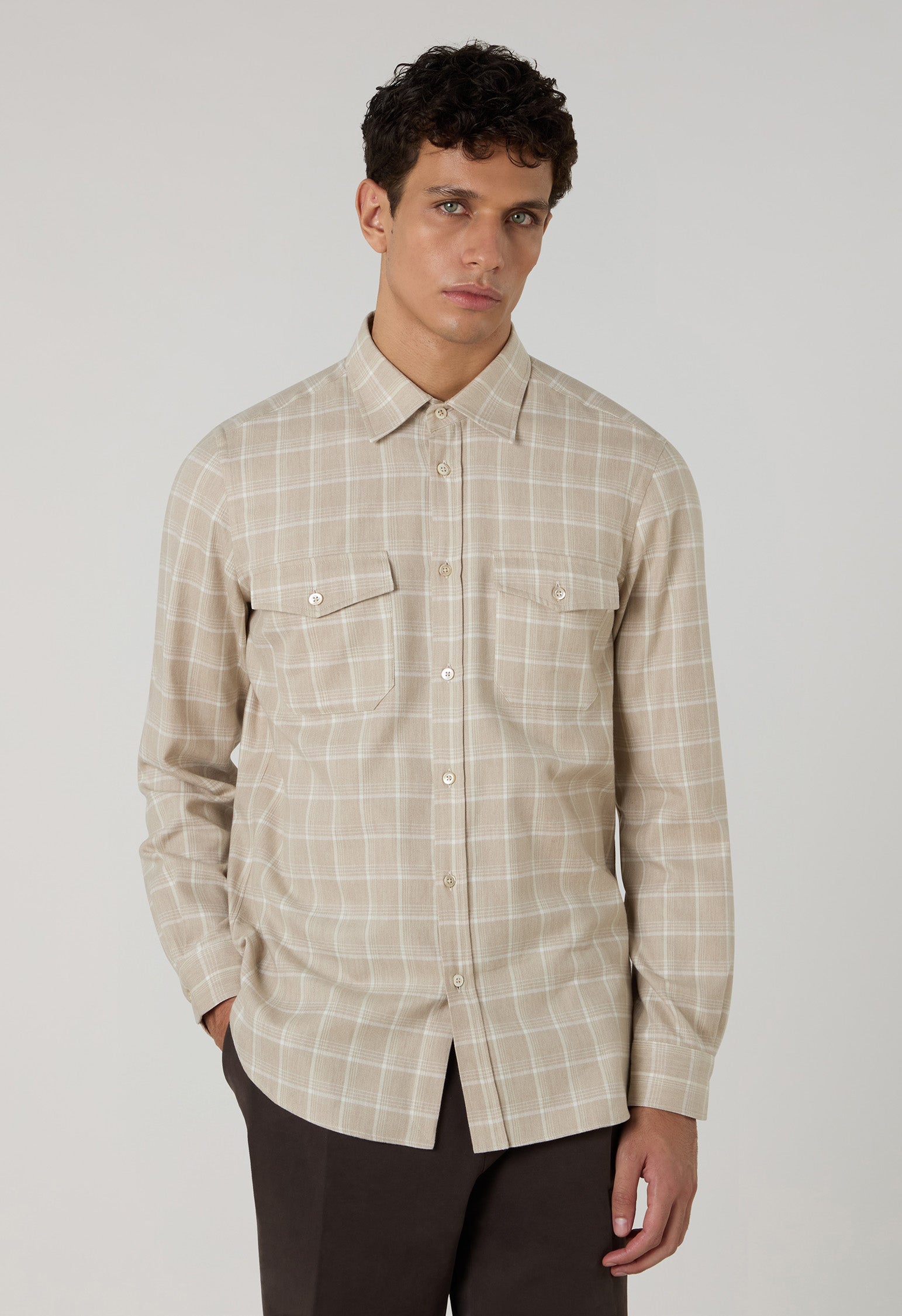 Camicia western a quadri in misto cotone beige