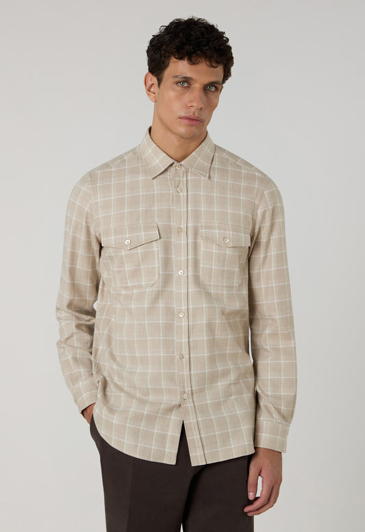 Camicia western a quadri in misto cotone beige