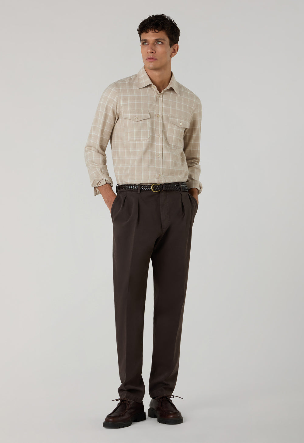 Camicia western a quadri in misto cotone beige