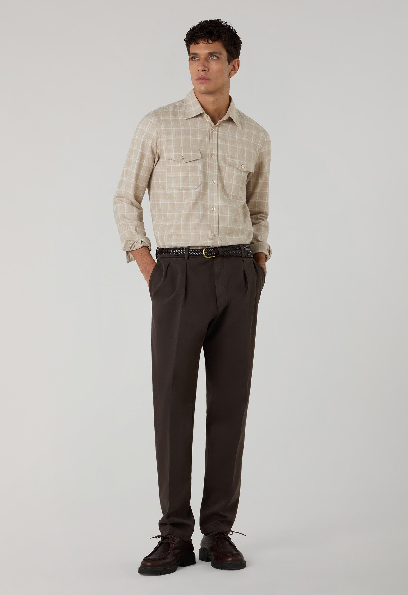 Camicia western a quadri in misto cotone beige