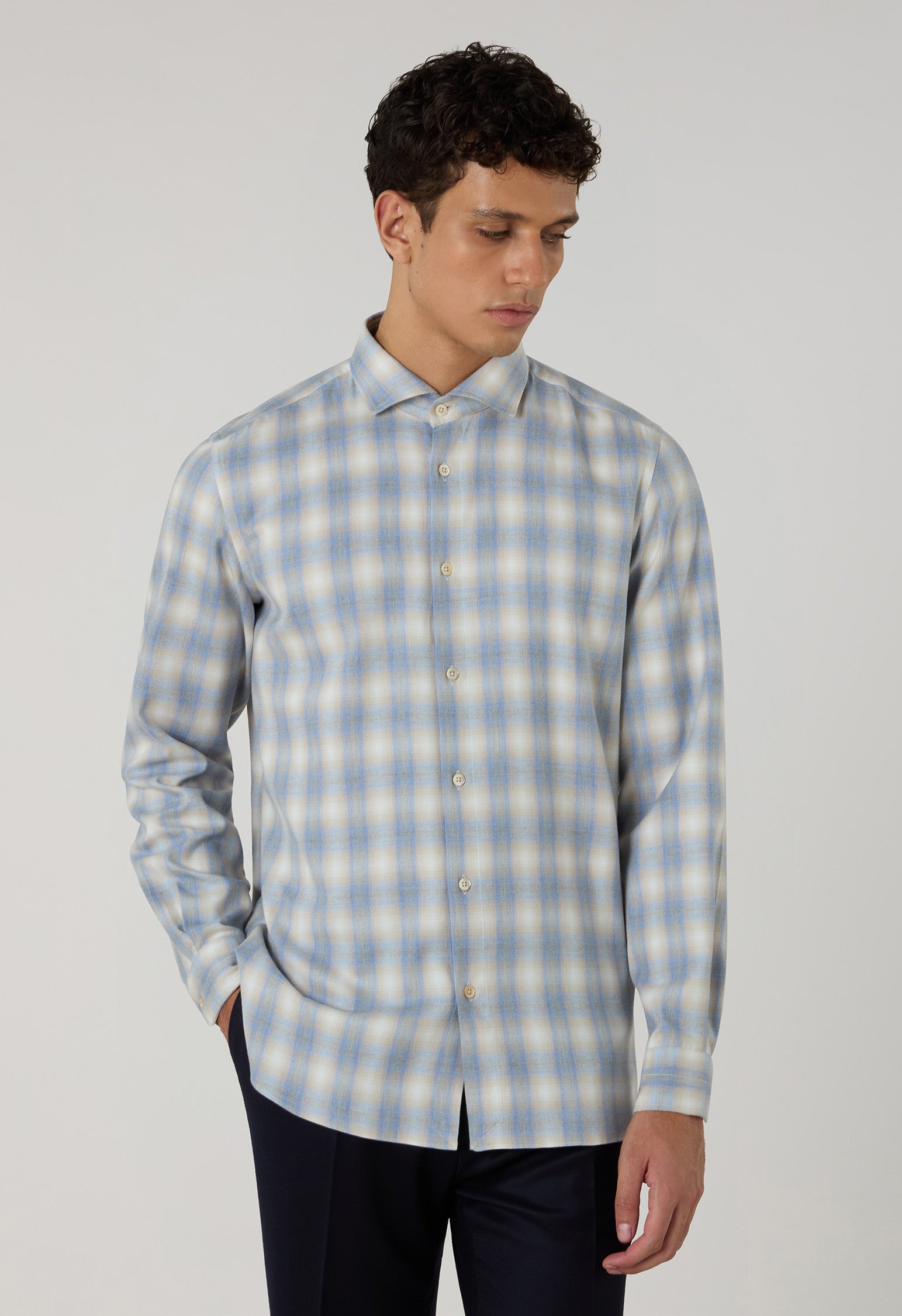 Camicia a quadri in misto cotone azzurro chiaro