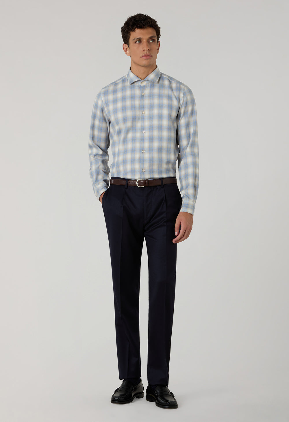 Camicia a quadri in misto cotone azzurro chiaro
