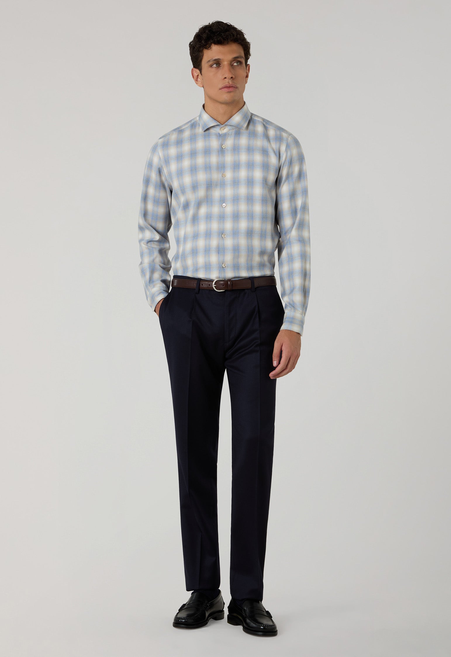 Camicia a quadri in misto cotone azzurro chiaro