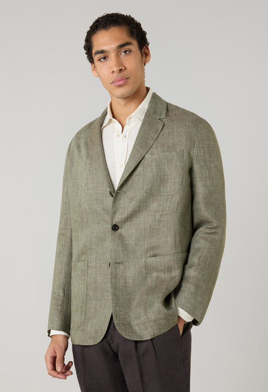 Hellgrüne Khaki-Jacke aus Leinen mit Fischgrätenmuster