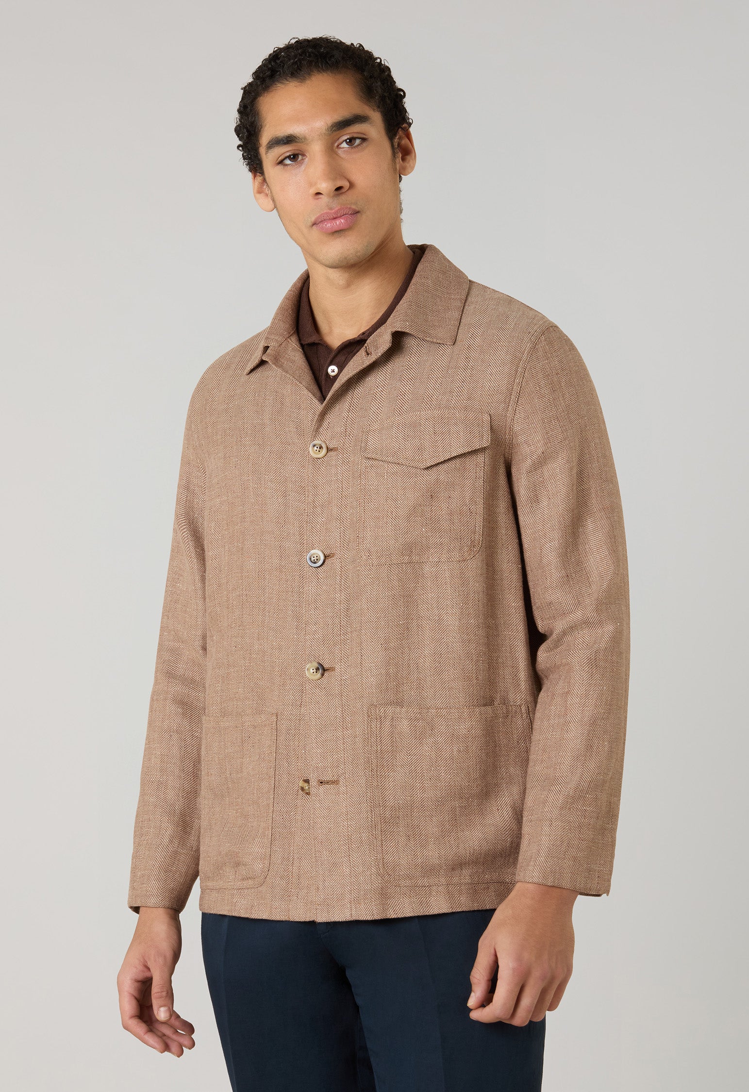 Light Brown Linen Wool Herringbone Workwear Jacket