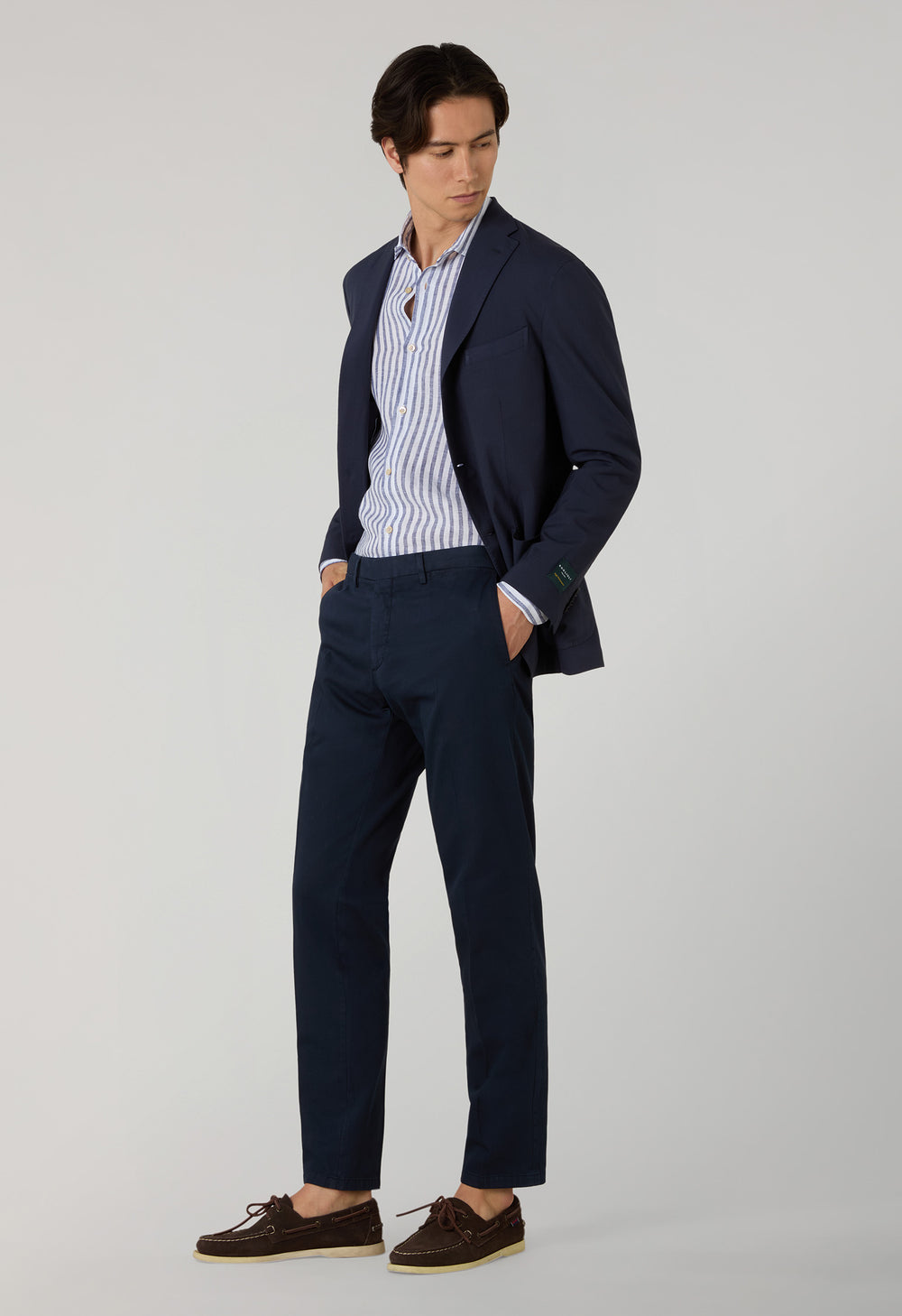 Blue Garment Dyed Cotton Micro-Herringbone Trousers