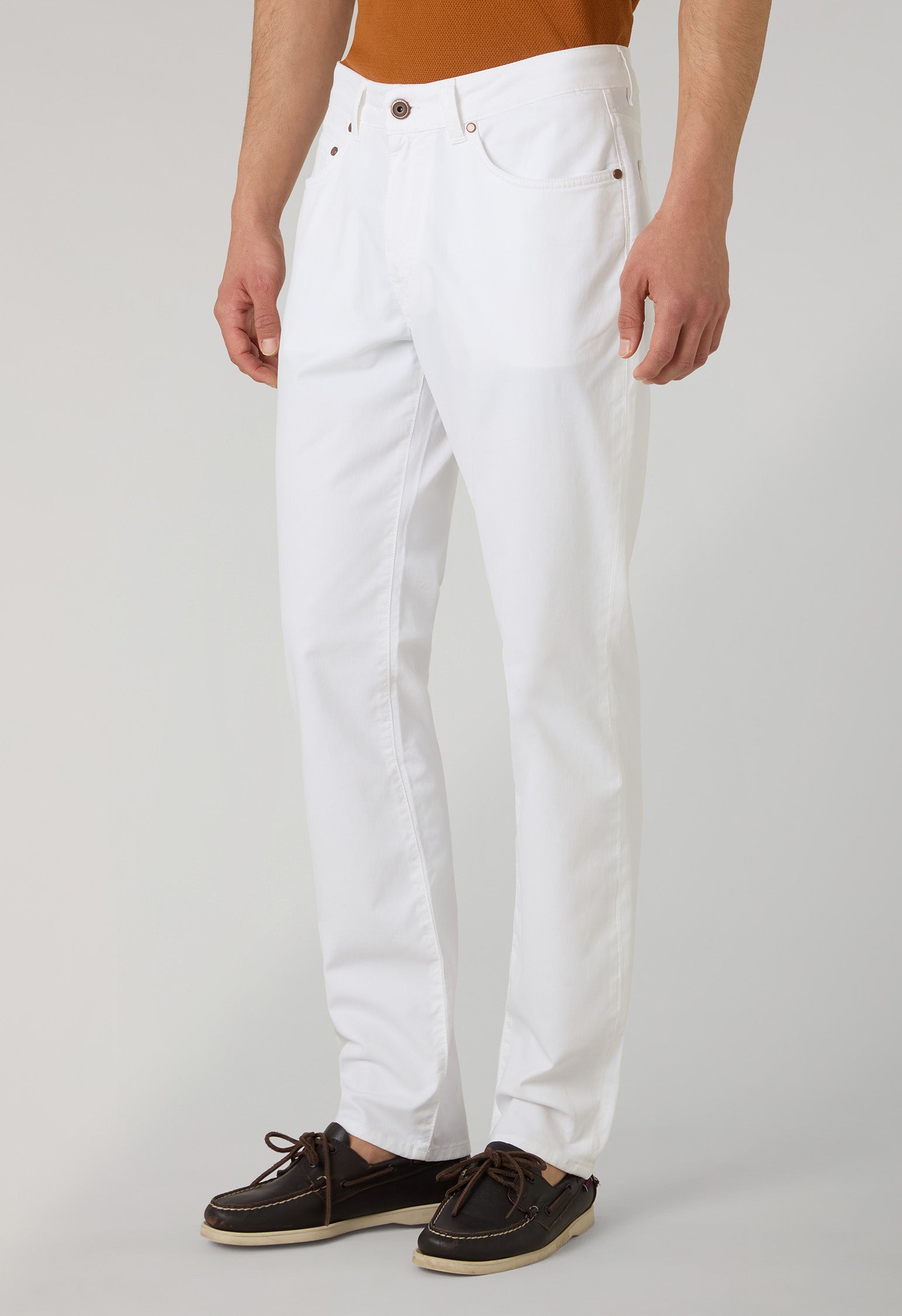 White Garment Dyed Cotton Silk 5-Pocket Trousers