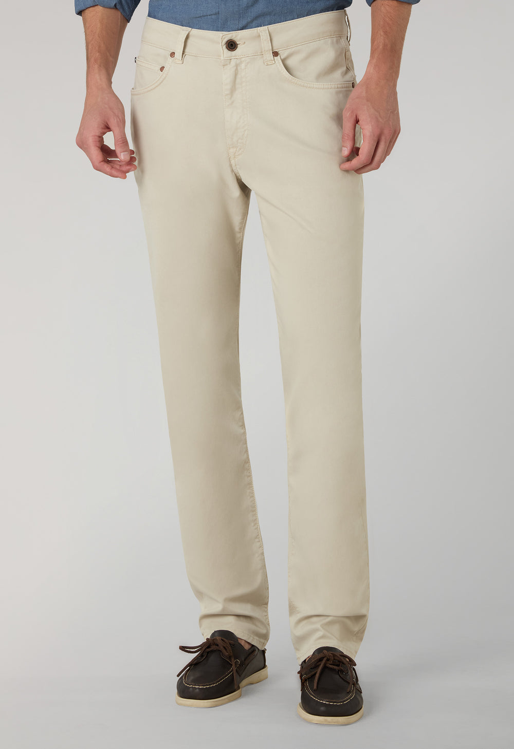 Beige Garment Dyed Cotton Silk 5-Pocket Trousers