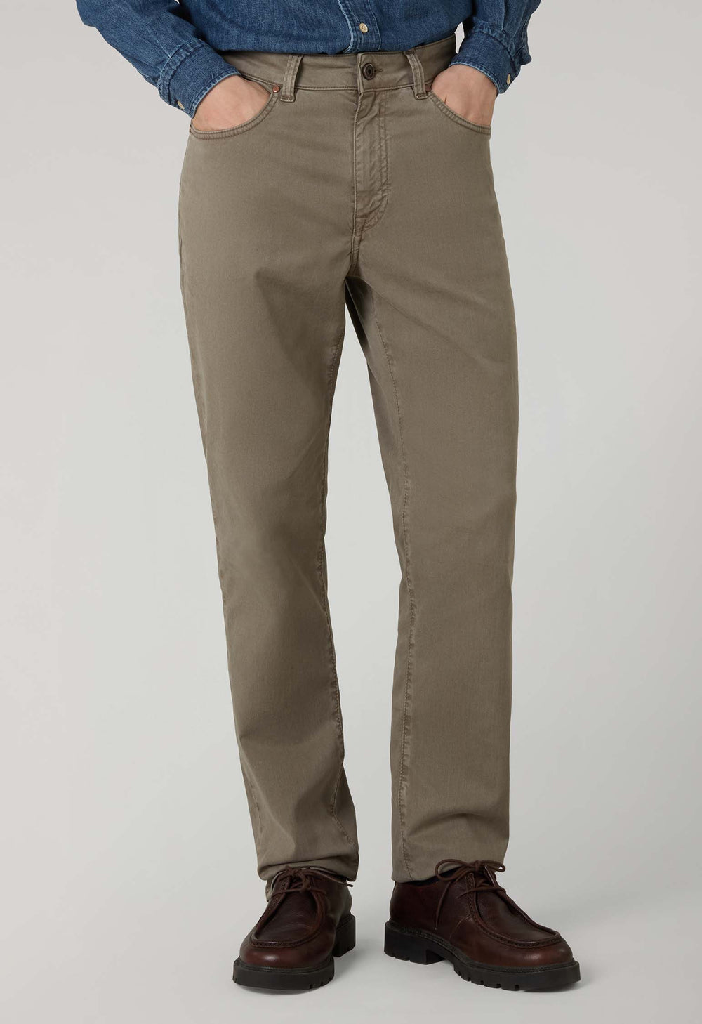 Taupe Garment Dyed Cotton Silk 5-Pocket Trousers