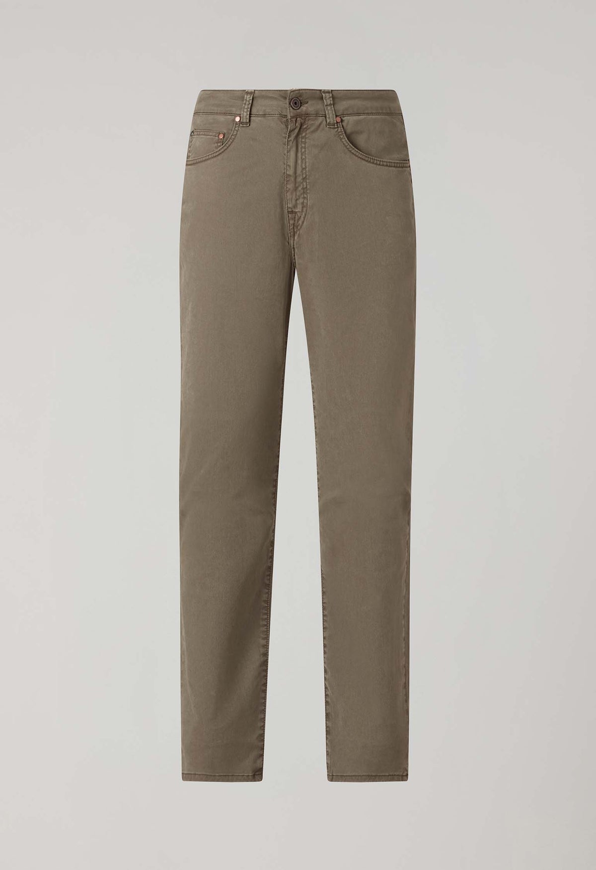 Taupe Garment Dyed Cotton Silk 5-Pocket Trousers