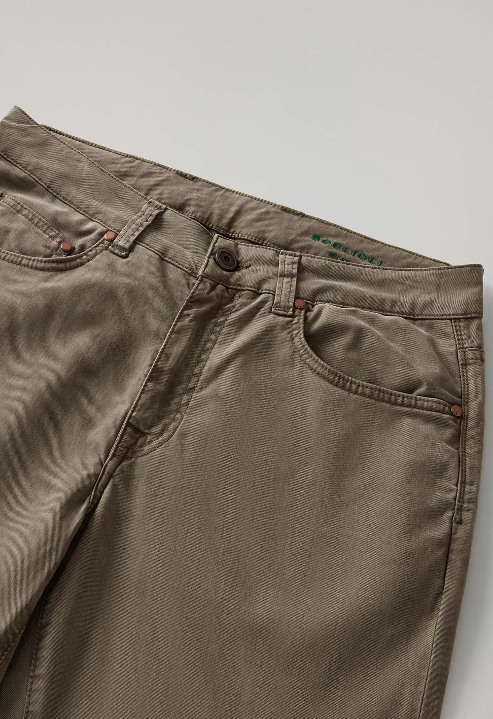 Taupe Garment Dyed Cotton Silk 5-Pocket Trousers