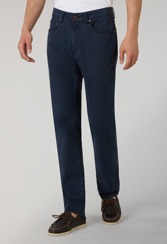 Pantalone 5 tasche in cotone e seta tinto in capo blu