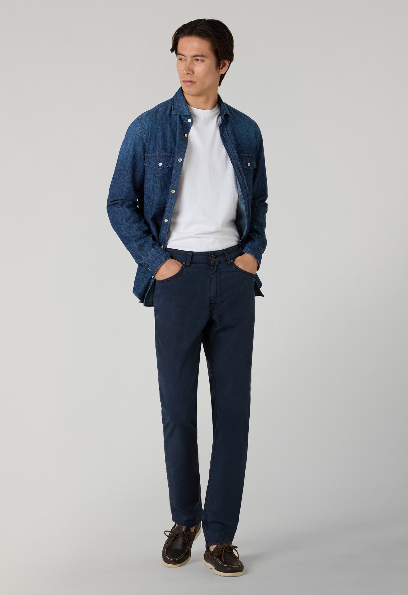 Blue Garment Dyed Cotton Silk 5-Pocket Trousers