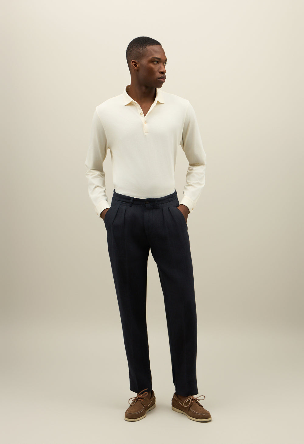 Blue Garment Dyed Linen two pleated Trousers