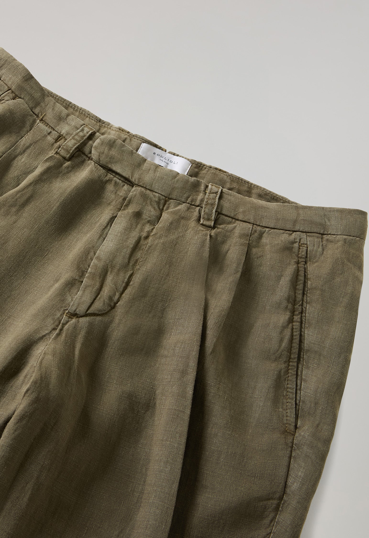 Khaki Garment Dyed Linen Napoli Trousers