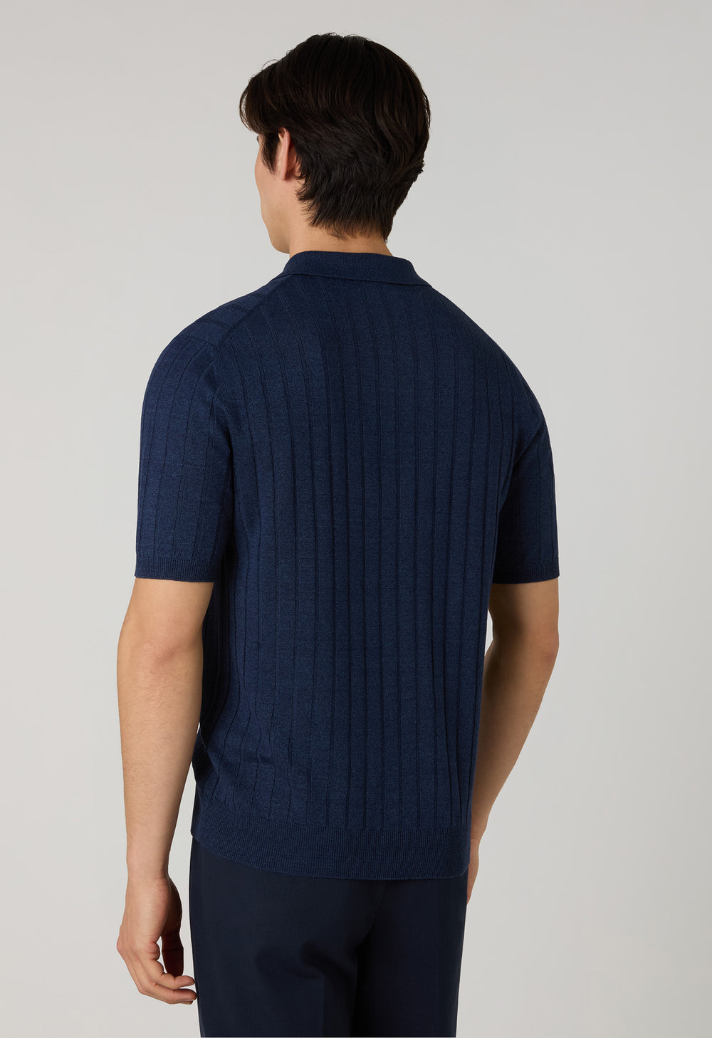 Blue Linen Cotton Flat Rib Short-Sleeve Polo