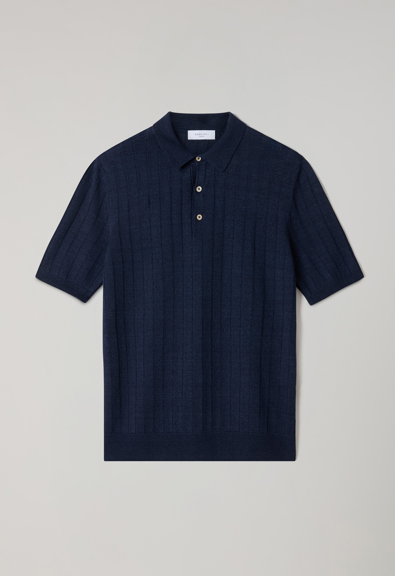 Blue Linen Cotton Flat Rib Short-Sleeve Polo