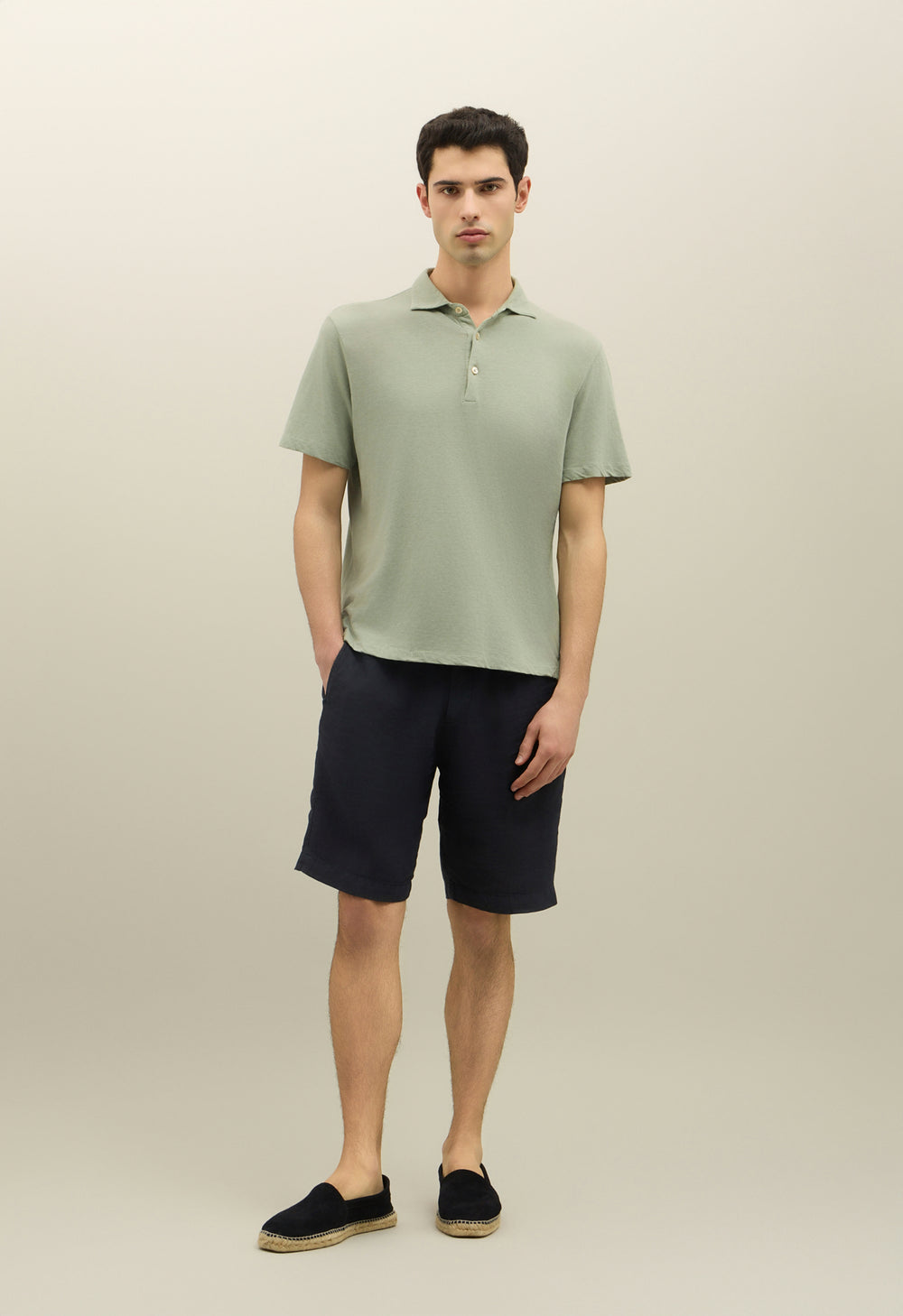 Green Blended Linen Cotton Short-Sleeve Polo