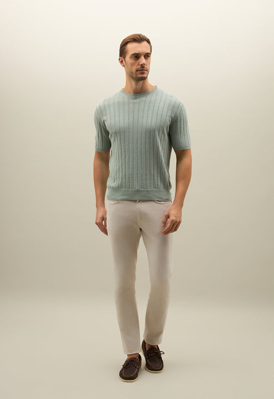 Grünes Flachripp-T-Shirt aus Leinen