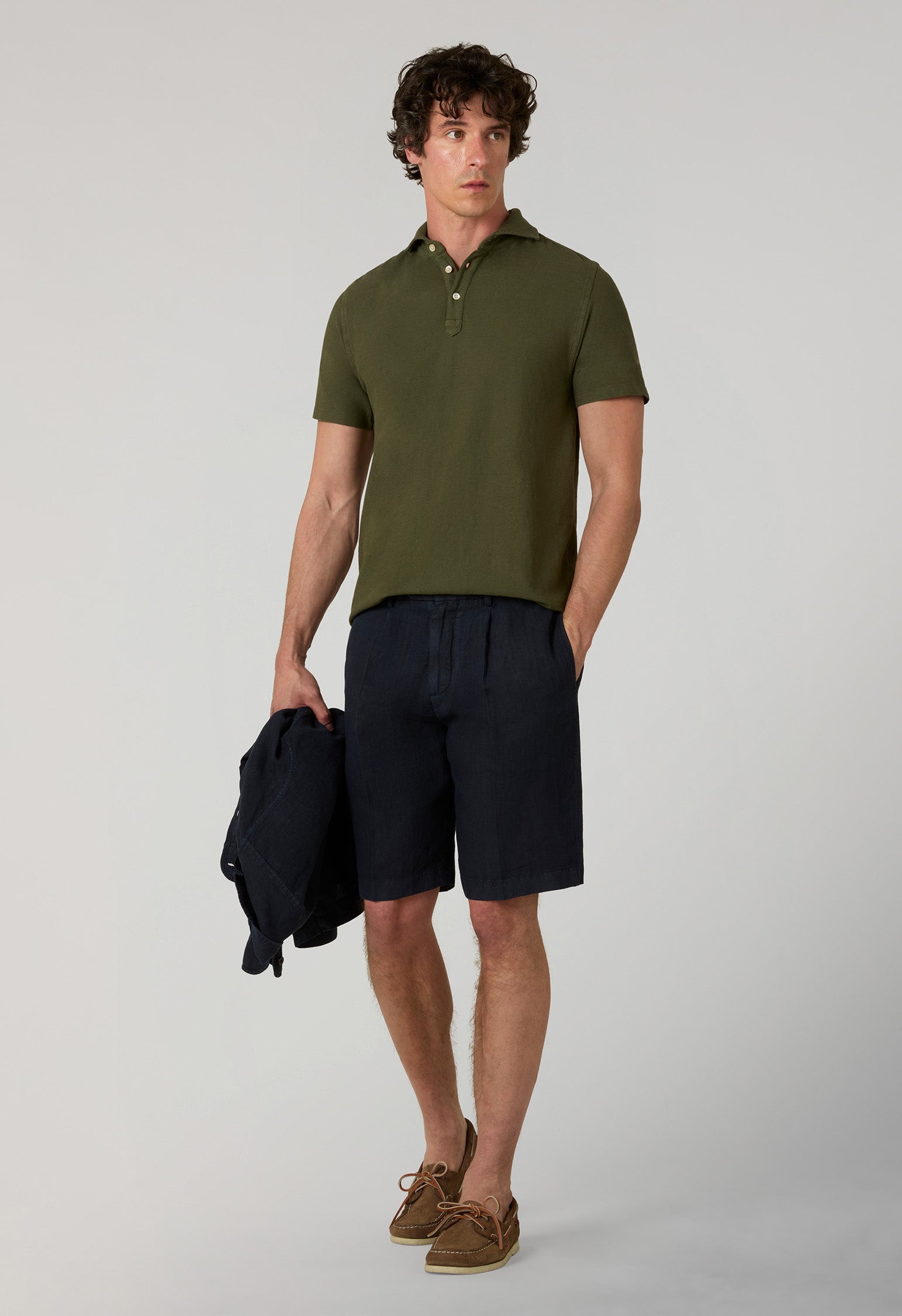 Dark Khaki Cotton Linen Short-Sleeve Polo