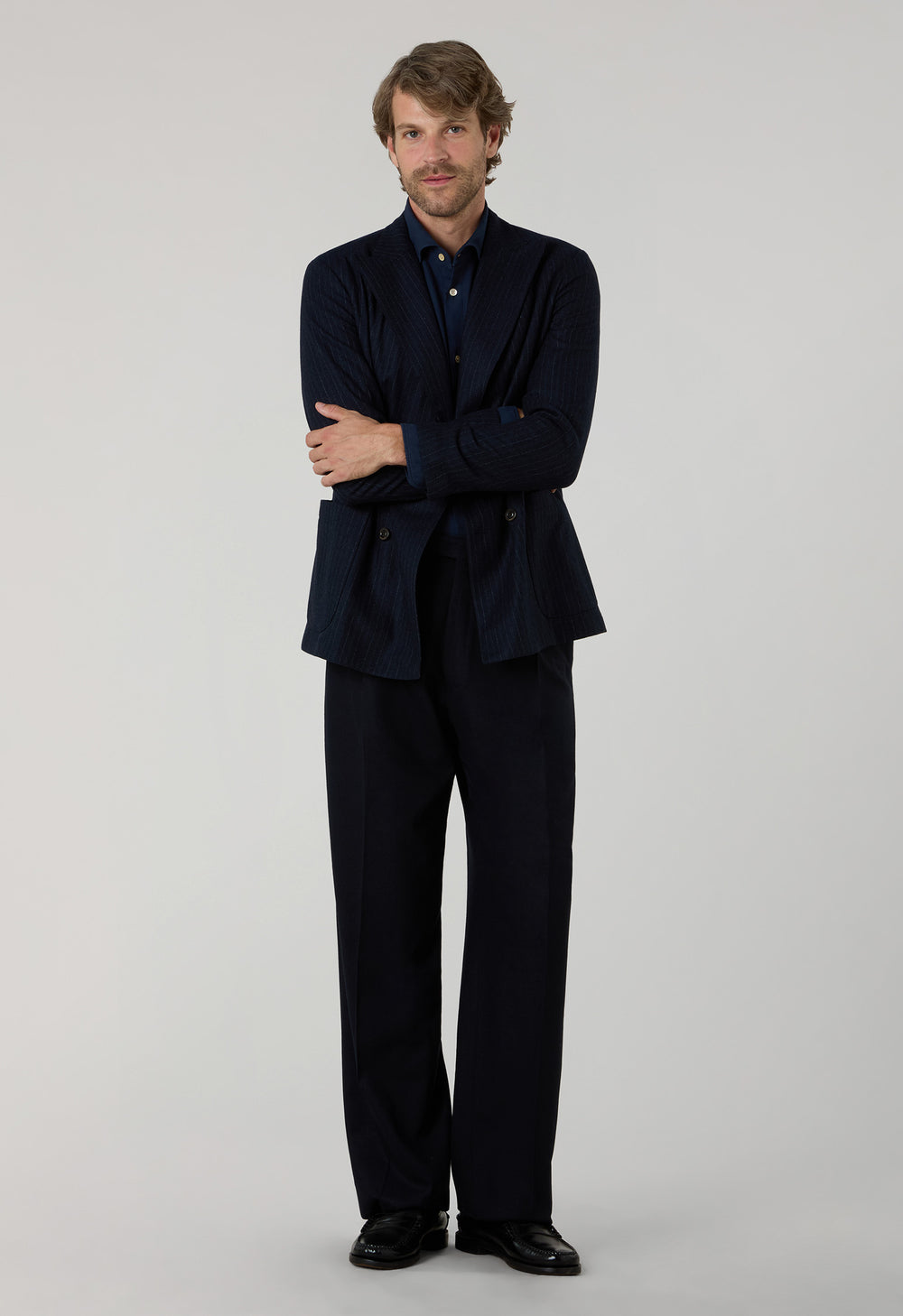 Giacca Easy gessata in misto lana blu