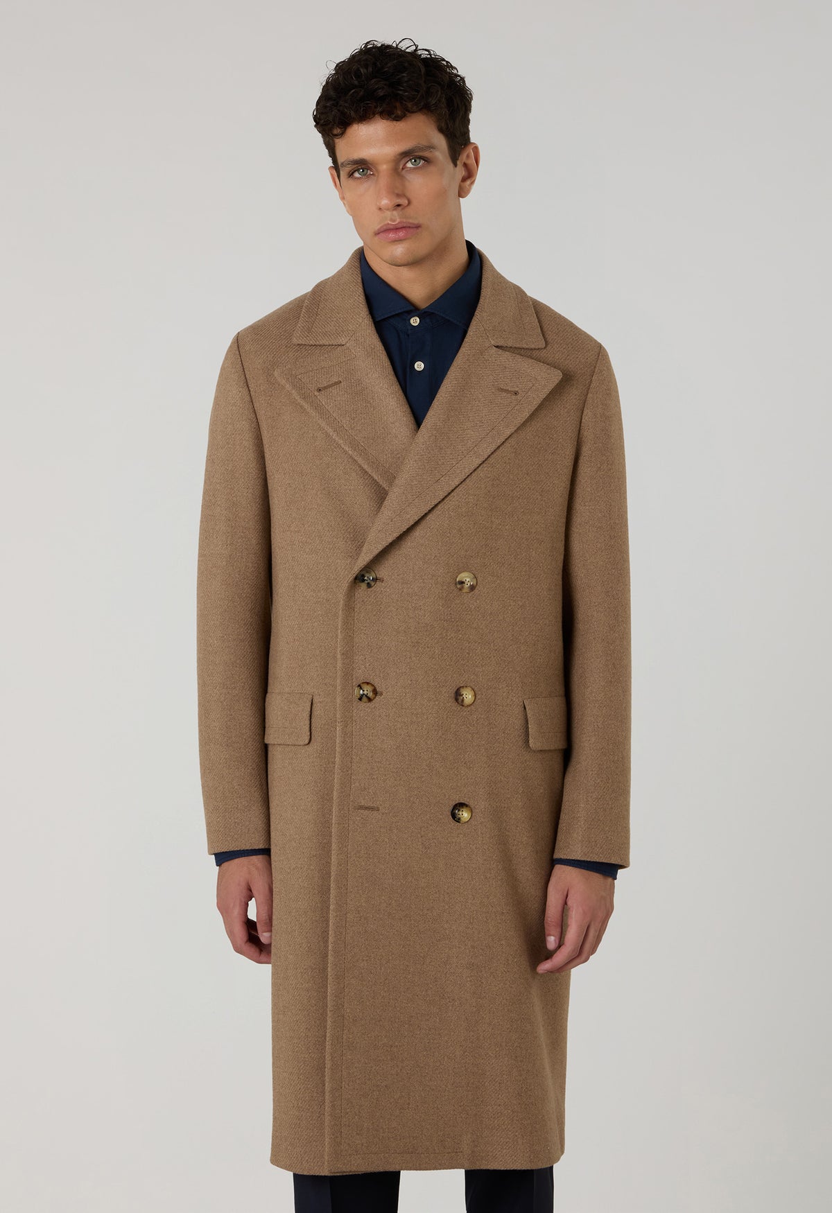 Camel Wool Cashmere double-breasted Polo Coat with martingale