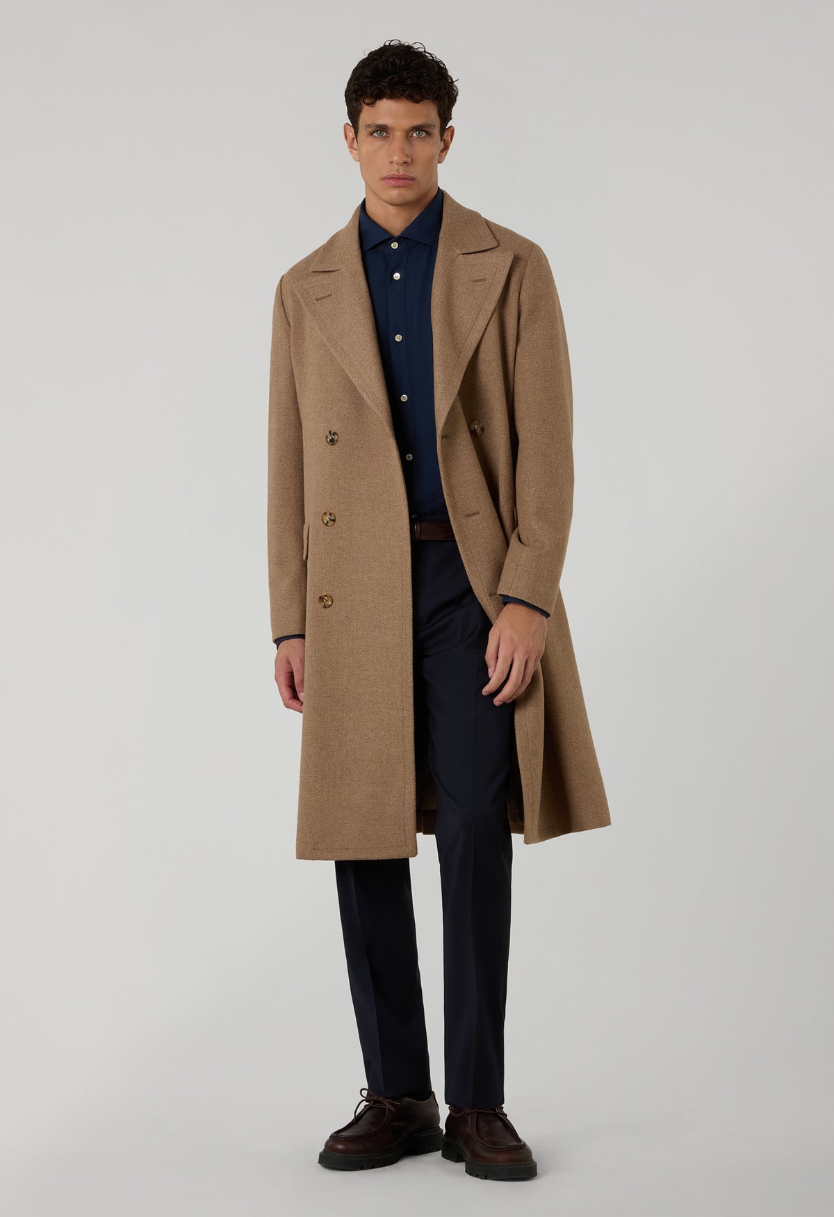Camel Wool Cashmere double-breasted Polo Coat with martingale