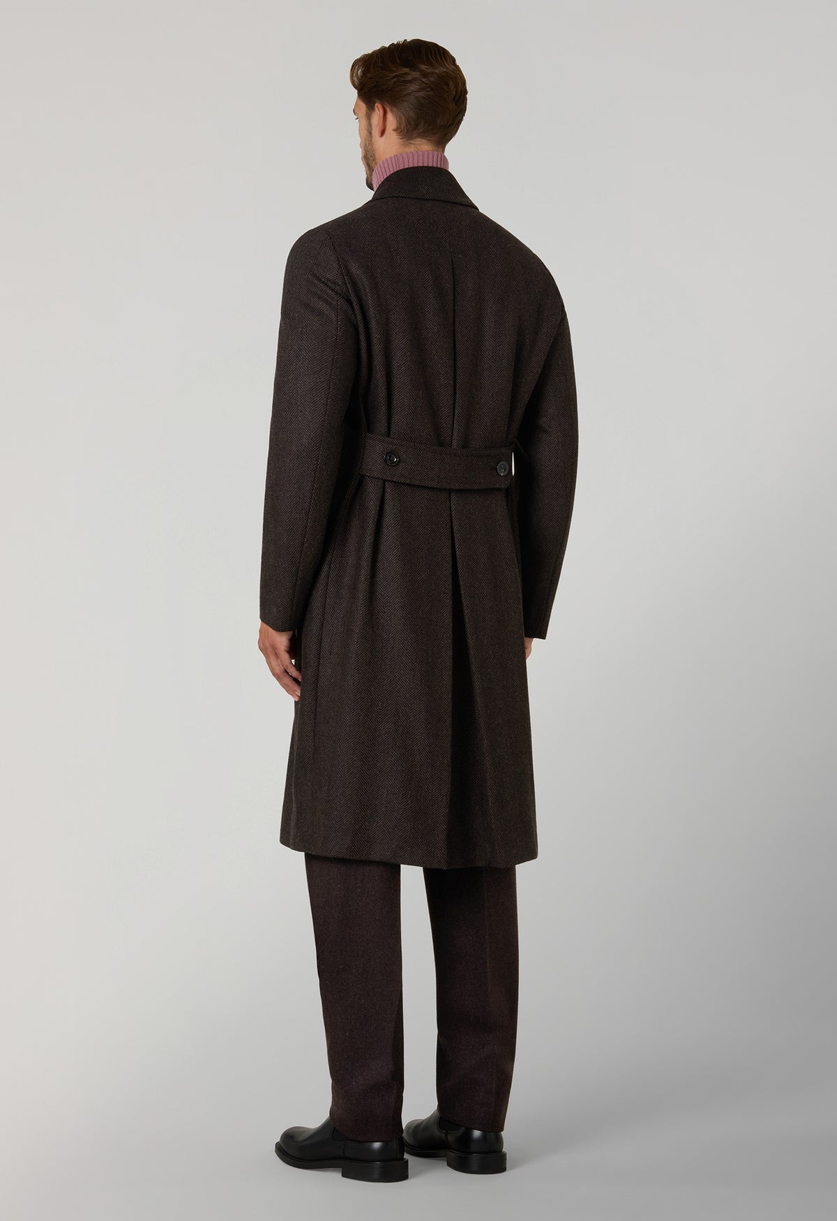 Brown Herringbone Wool double-breasted Polo Coat with martingale