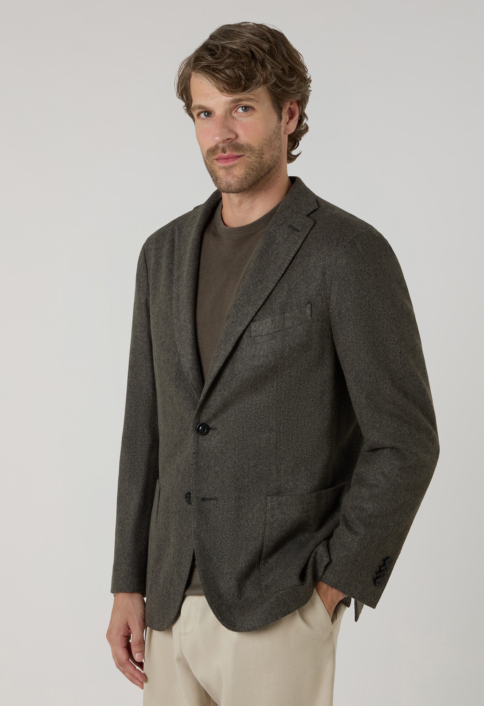 K-Jacket in lana tinta in capo a spina di pesce taupe