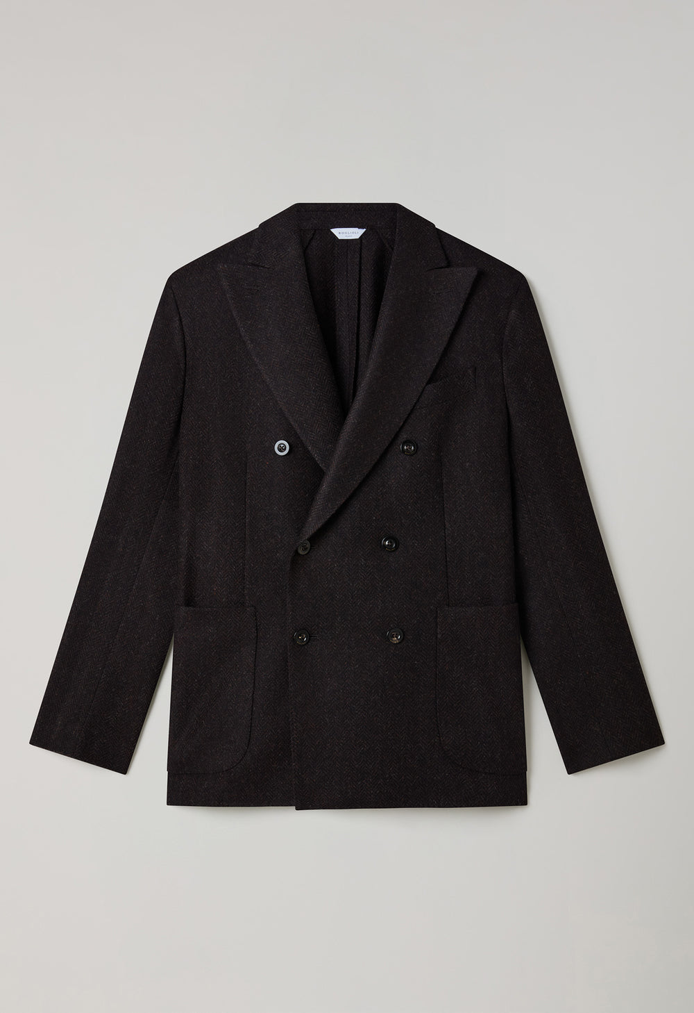 Braune, zweireihige K-Jacket aus brauner Shetlandwolle im Chevron-Muster