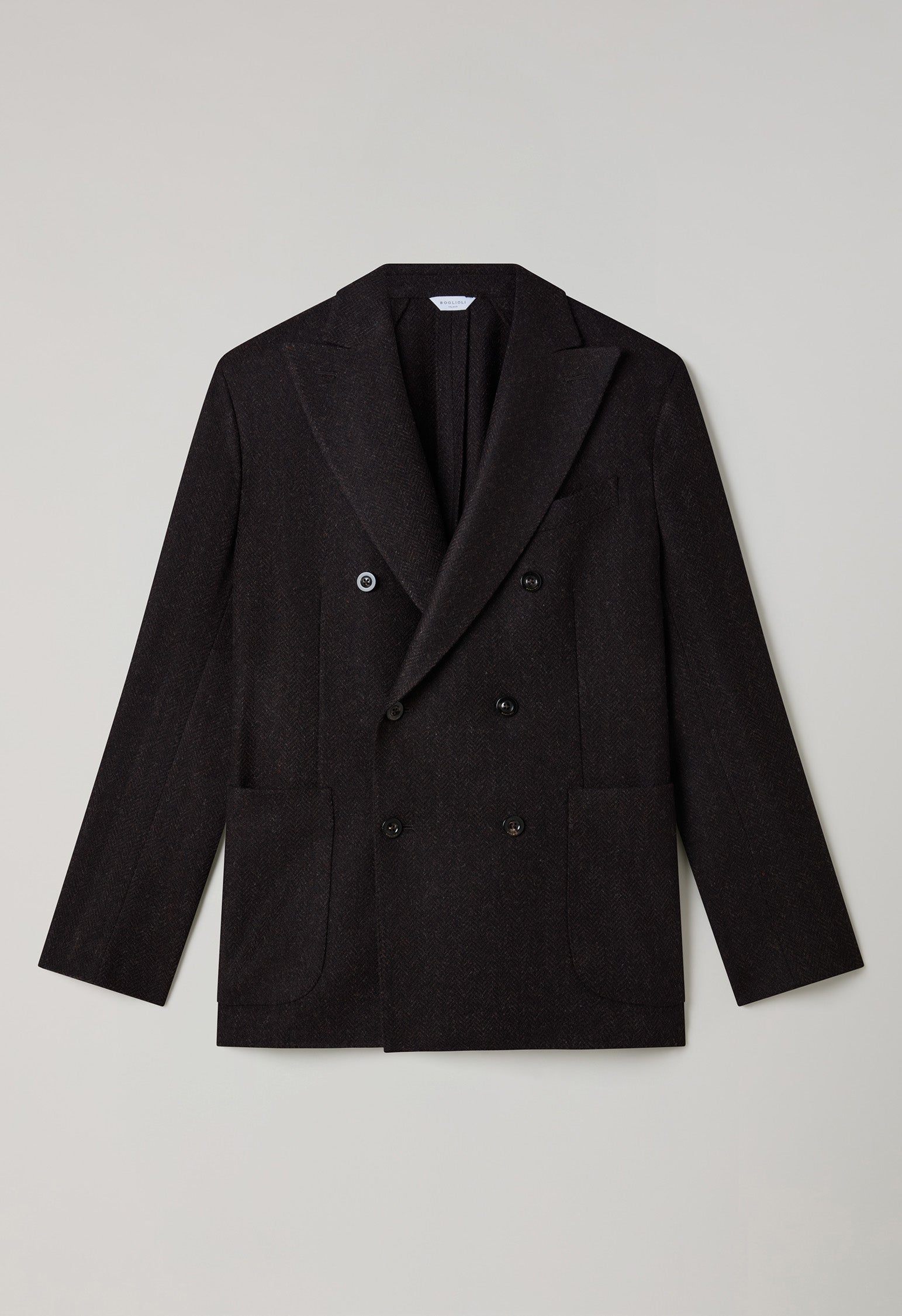 Braune, zweireihige K-Jacket aus brauner Shetlandwolle im Chevron-Muster