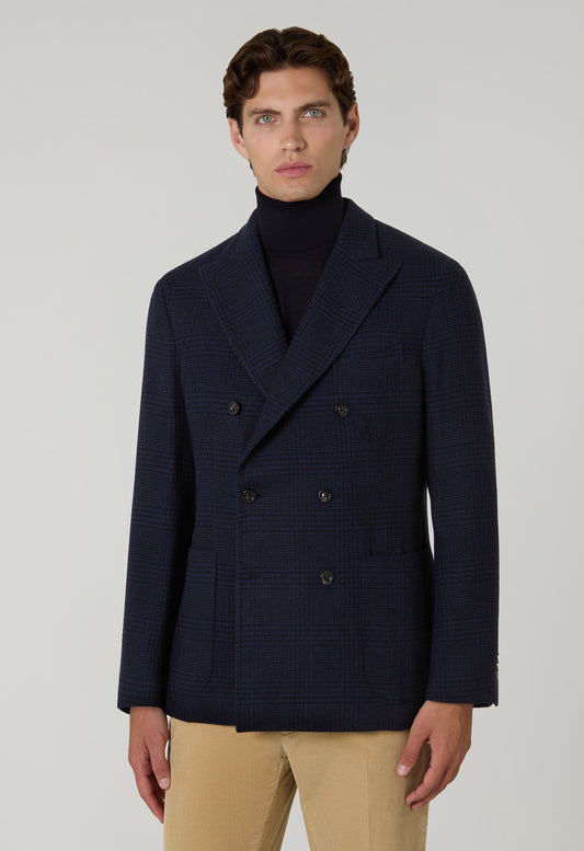 K-Jacket doppiopetto in lana e cashmere Principe di Galles blu
