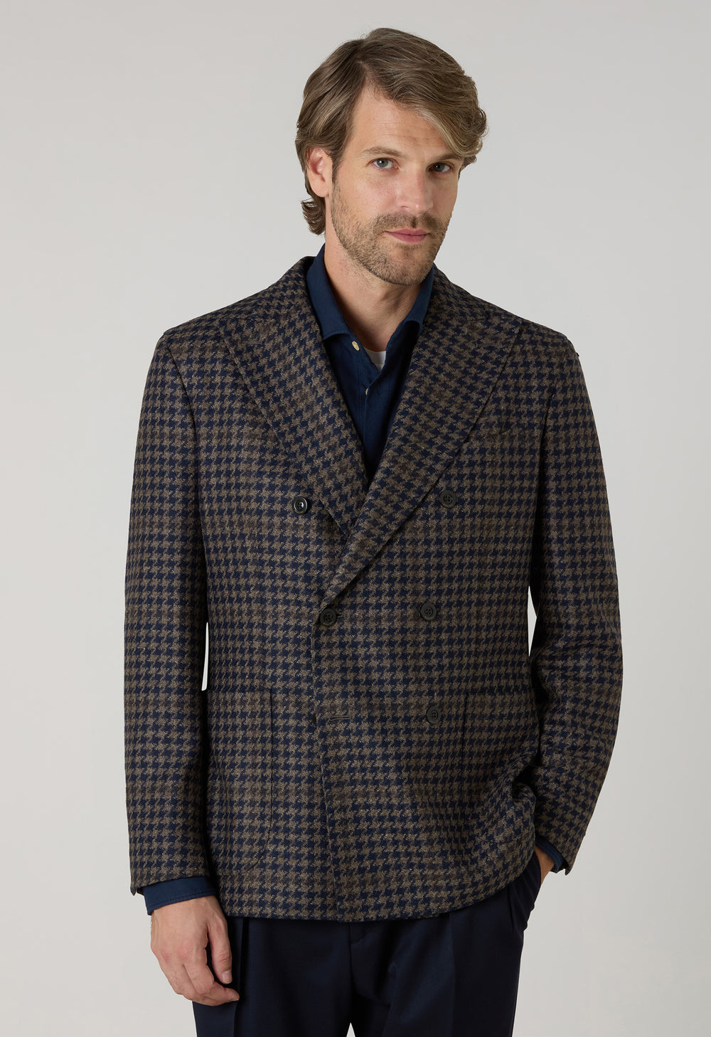 K-Jacket doppiopetto in lana e cashmere pied-de-poule marrone
