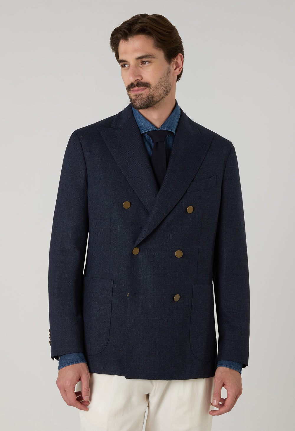 K-Jacket doppiopetto blu in lana leggera a nido d’ape con bottoni in ottone