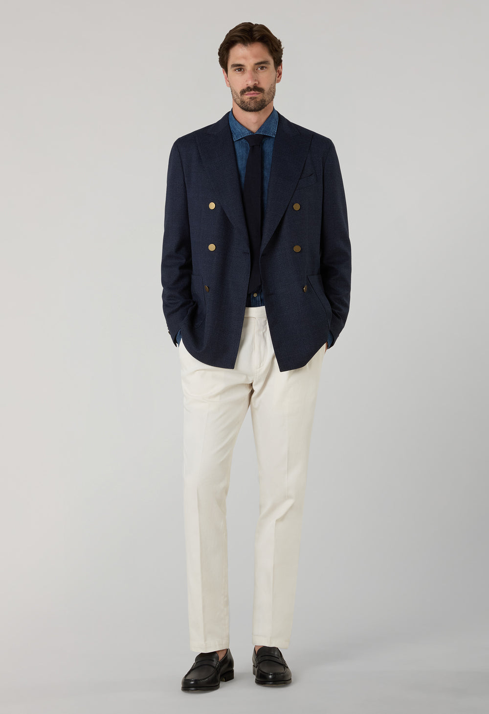 K-Jacket doppiopetto blu in lana leggera a nido d’ape con bottoni in ottone
