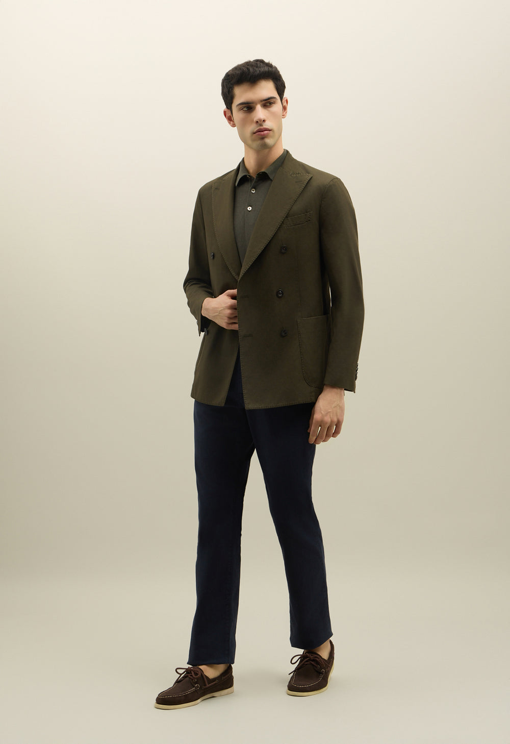 Dark Green Cotton Linen Twill Double-Breasted K-Jacket