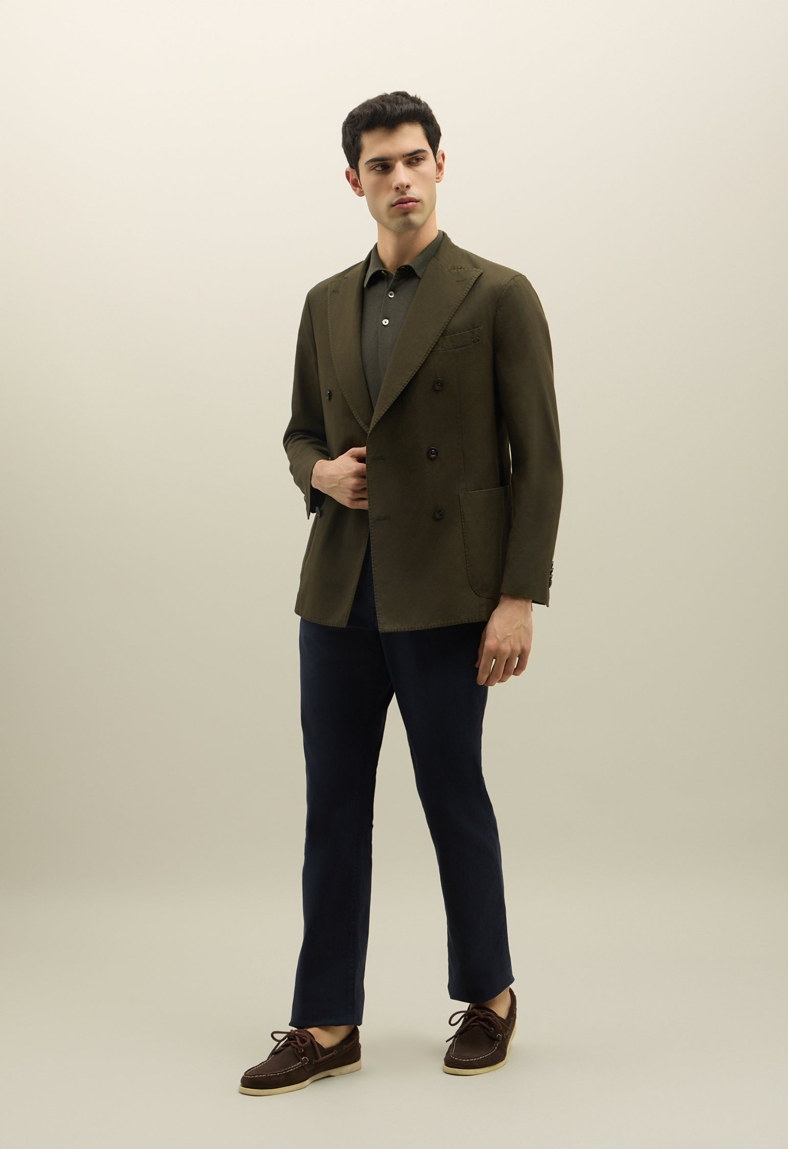 Dark Green Cotton Linen Twill Double-Breasted K-Jacket