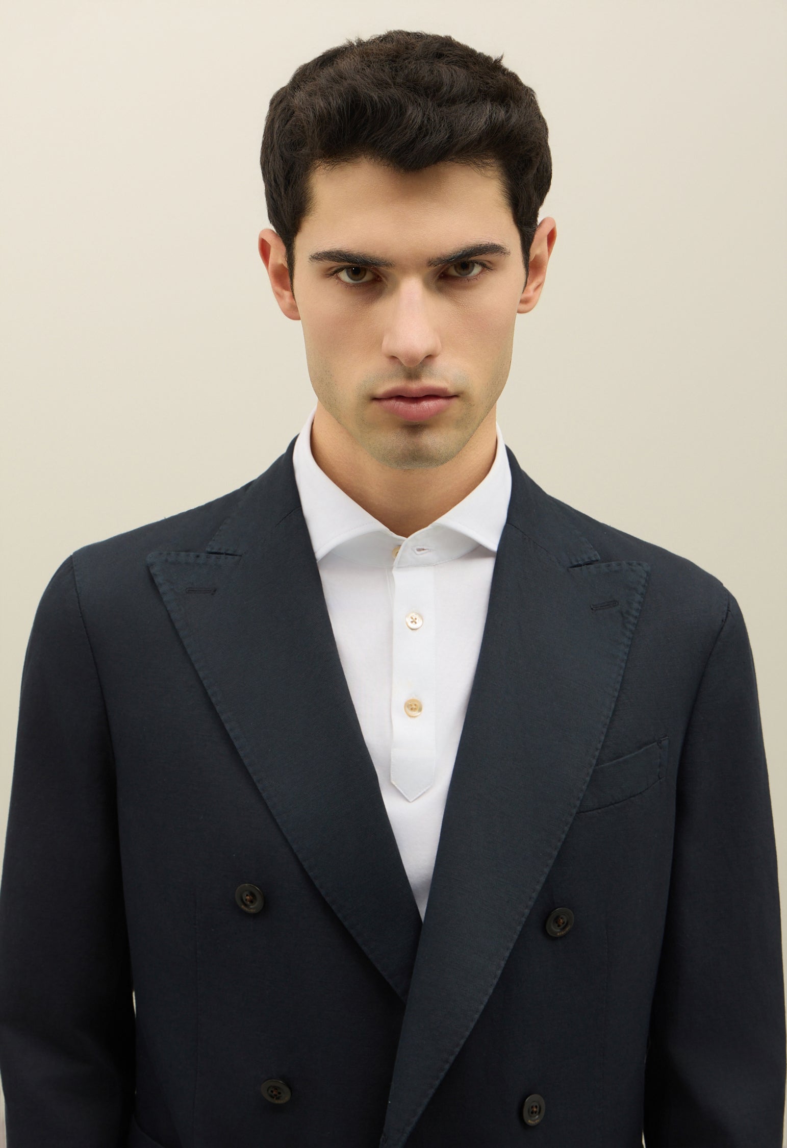Blue Cotton Linen Twill Double-Breasted K-Jacket