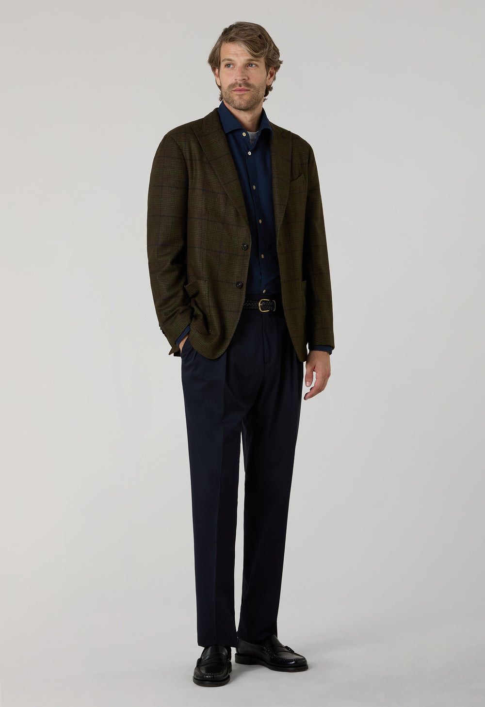 Green Garment Dyed Overcheck Wool K-Jacket