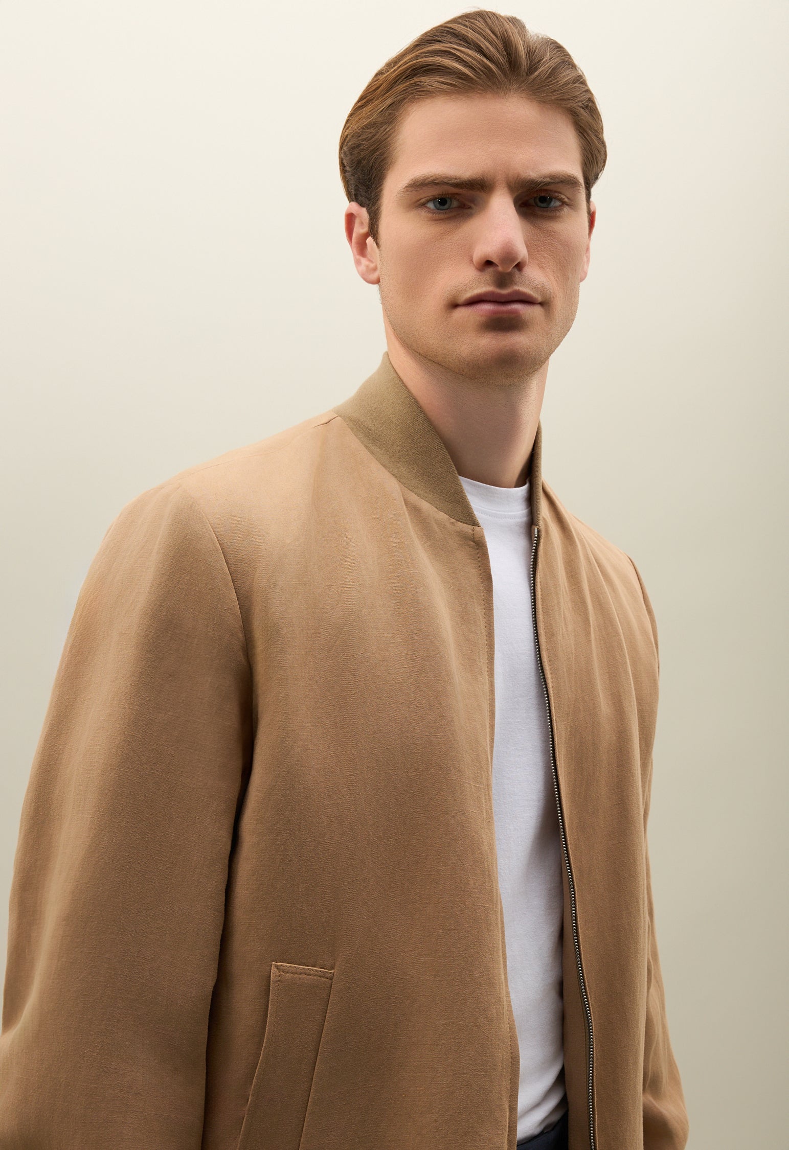 Dark Beige Linen Tencel Satin Bomber