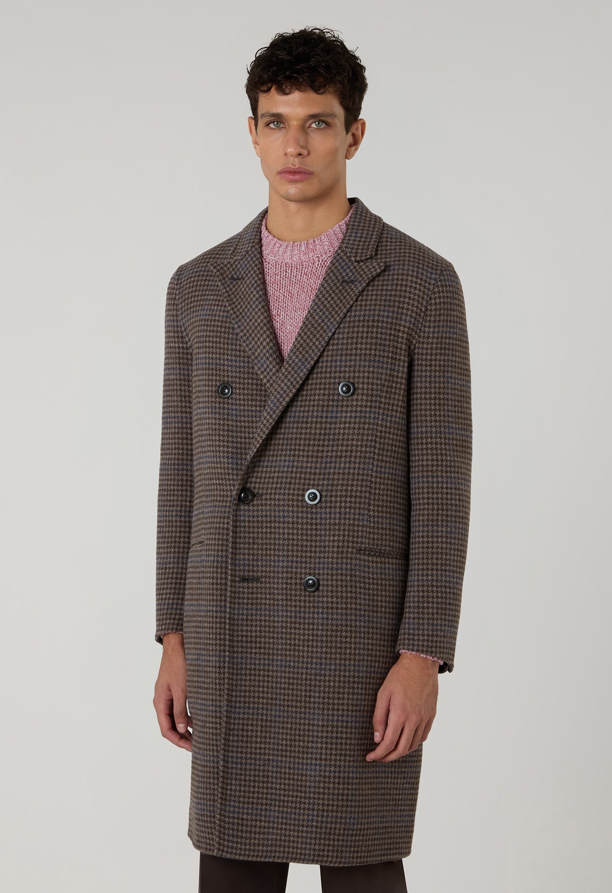 Brown Pied-de-puole Wool Cashmere double-breasted Coat
