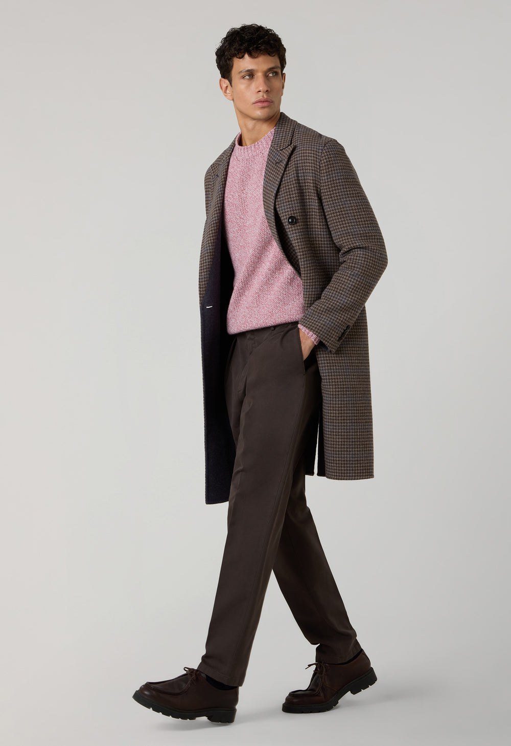 Brown Pied-de-puole Wool Cashmere double-breasted Coat