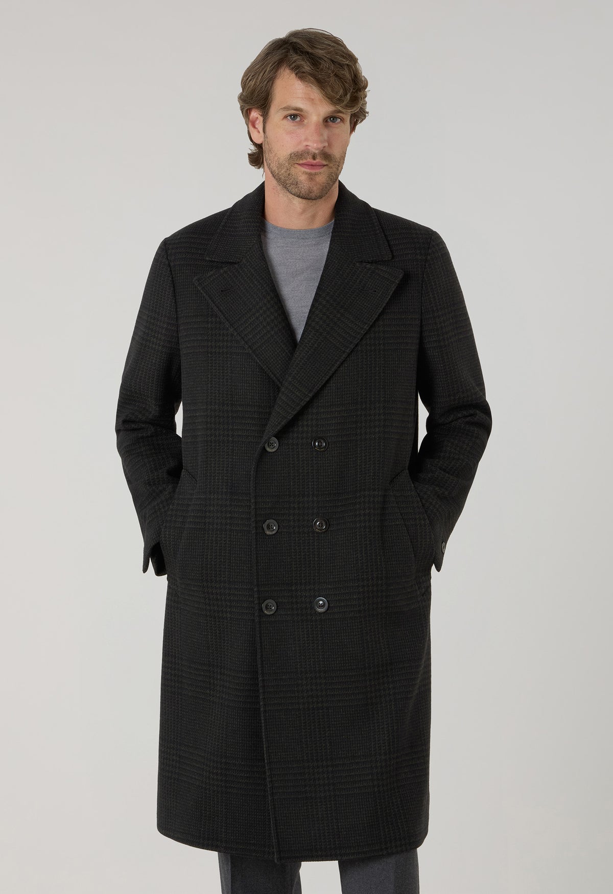 Cappotto doppiopetto in lana e cashmere Principe di Galles verde