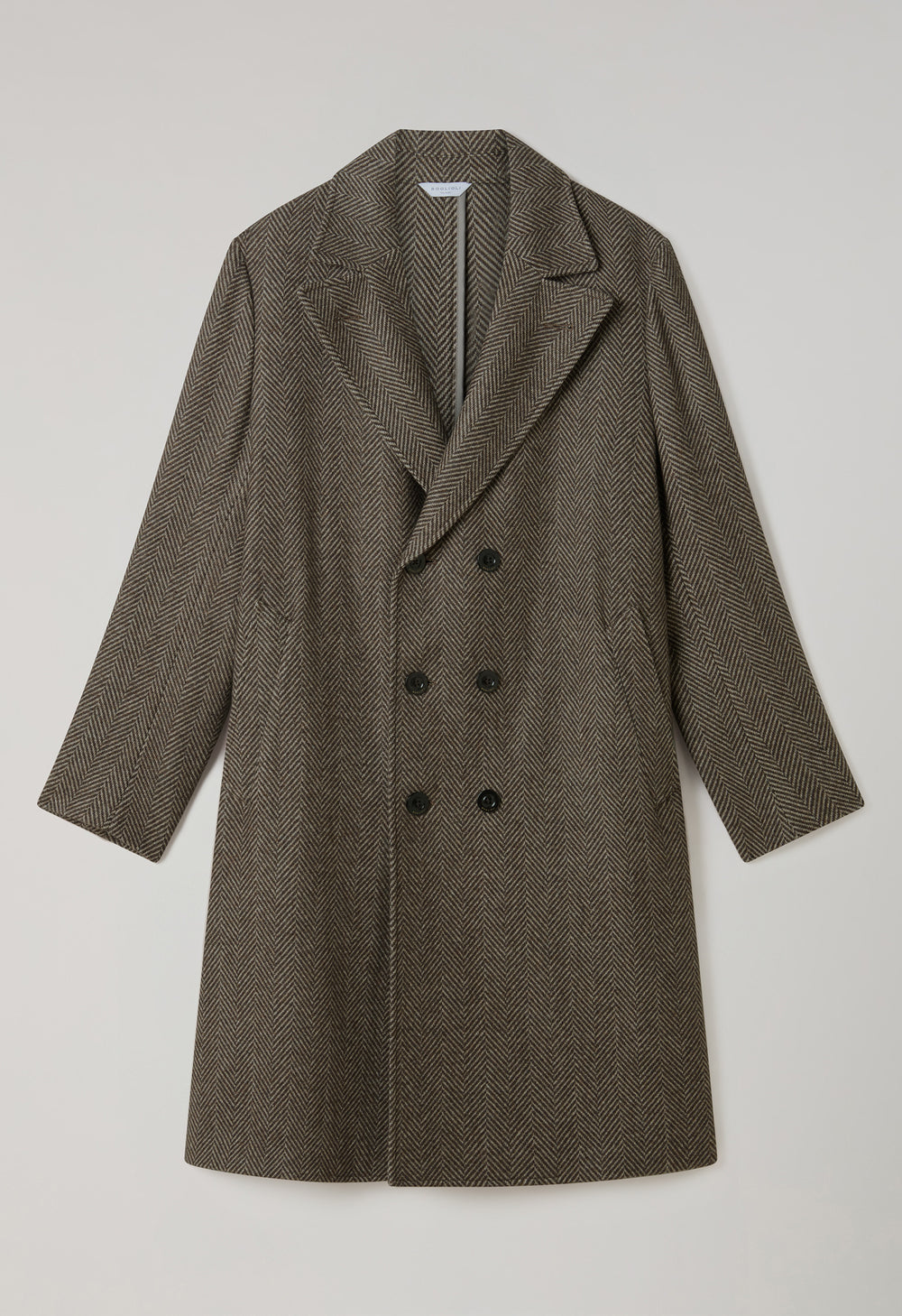 Cappotto doppiopetto in cashmere a spina di pesce marrone