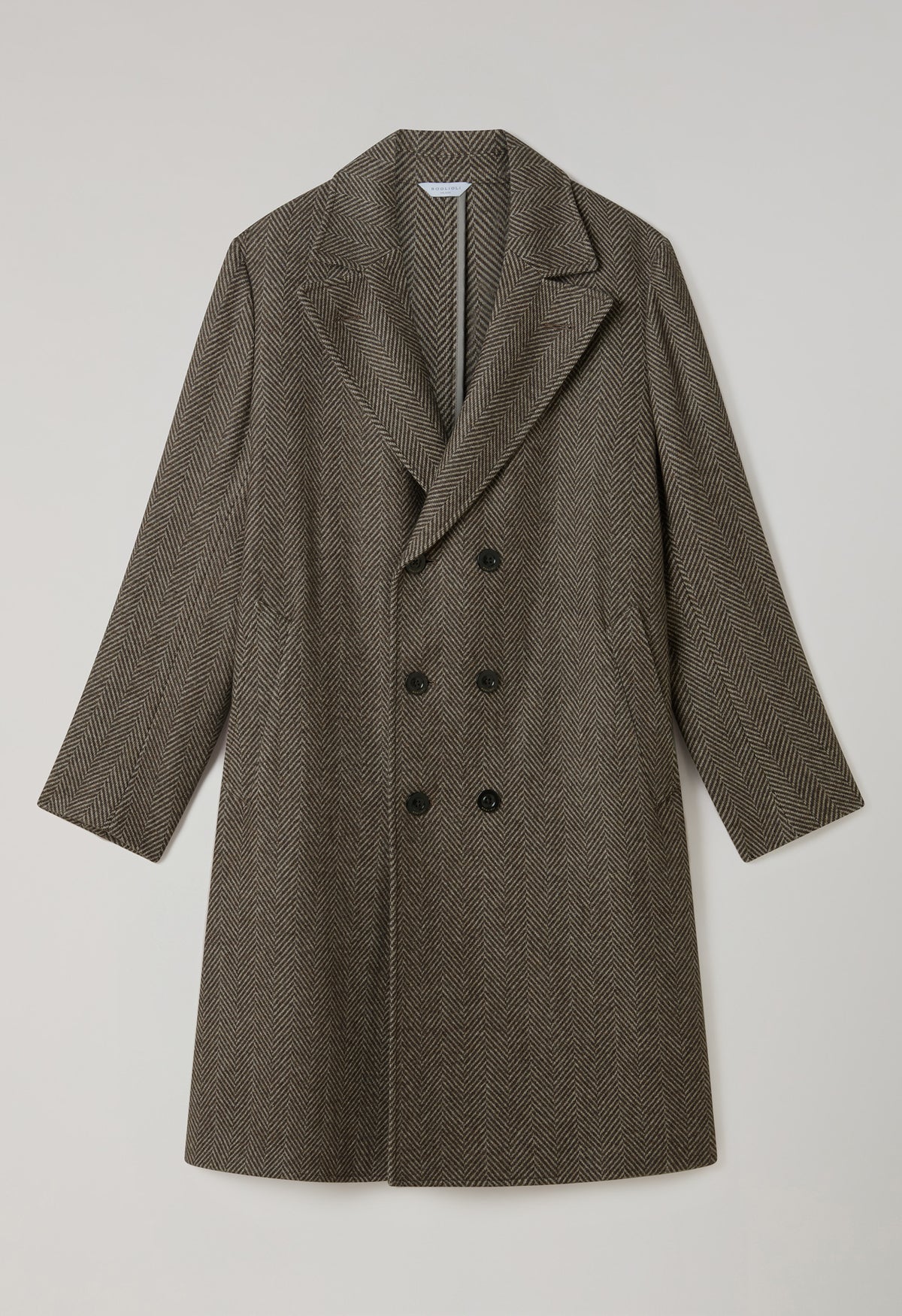 Cappotto doppiopetto in cashmere a spina di pesce marrone