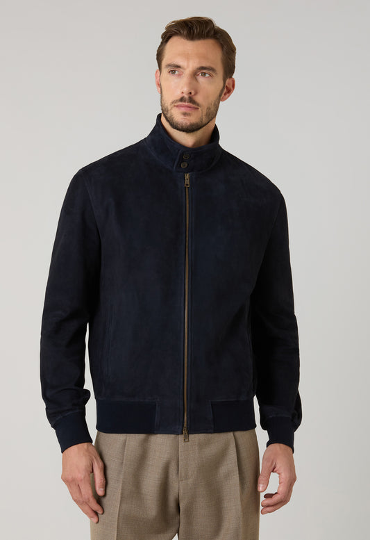 Blaue Bomberjacke aus Veloursleder