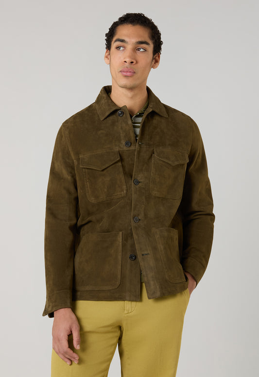 Dunkelkhaki Veloursleder-Arbeiterjacke