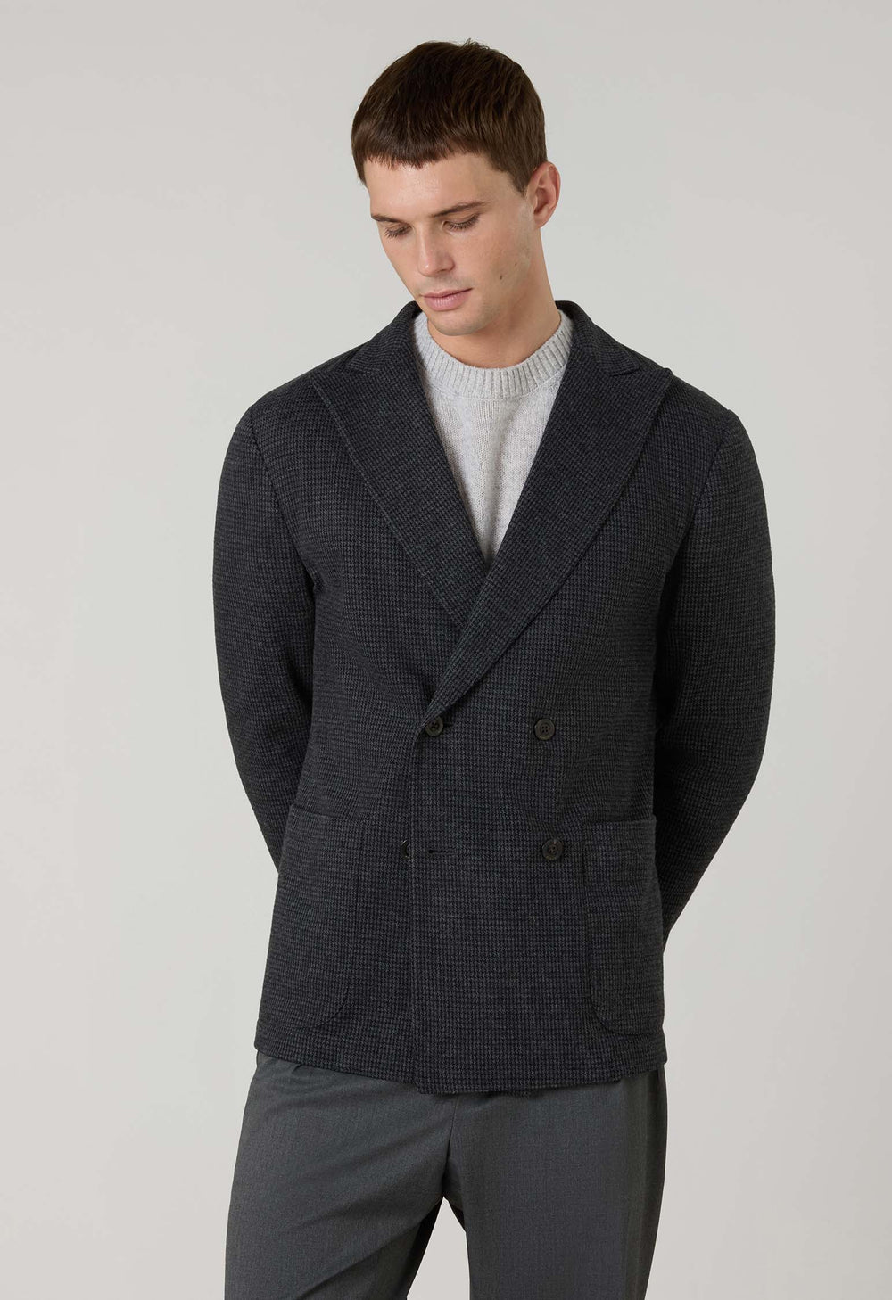 Grey Houndstooth Jersey double-breasted Easy Jacket
