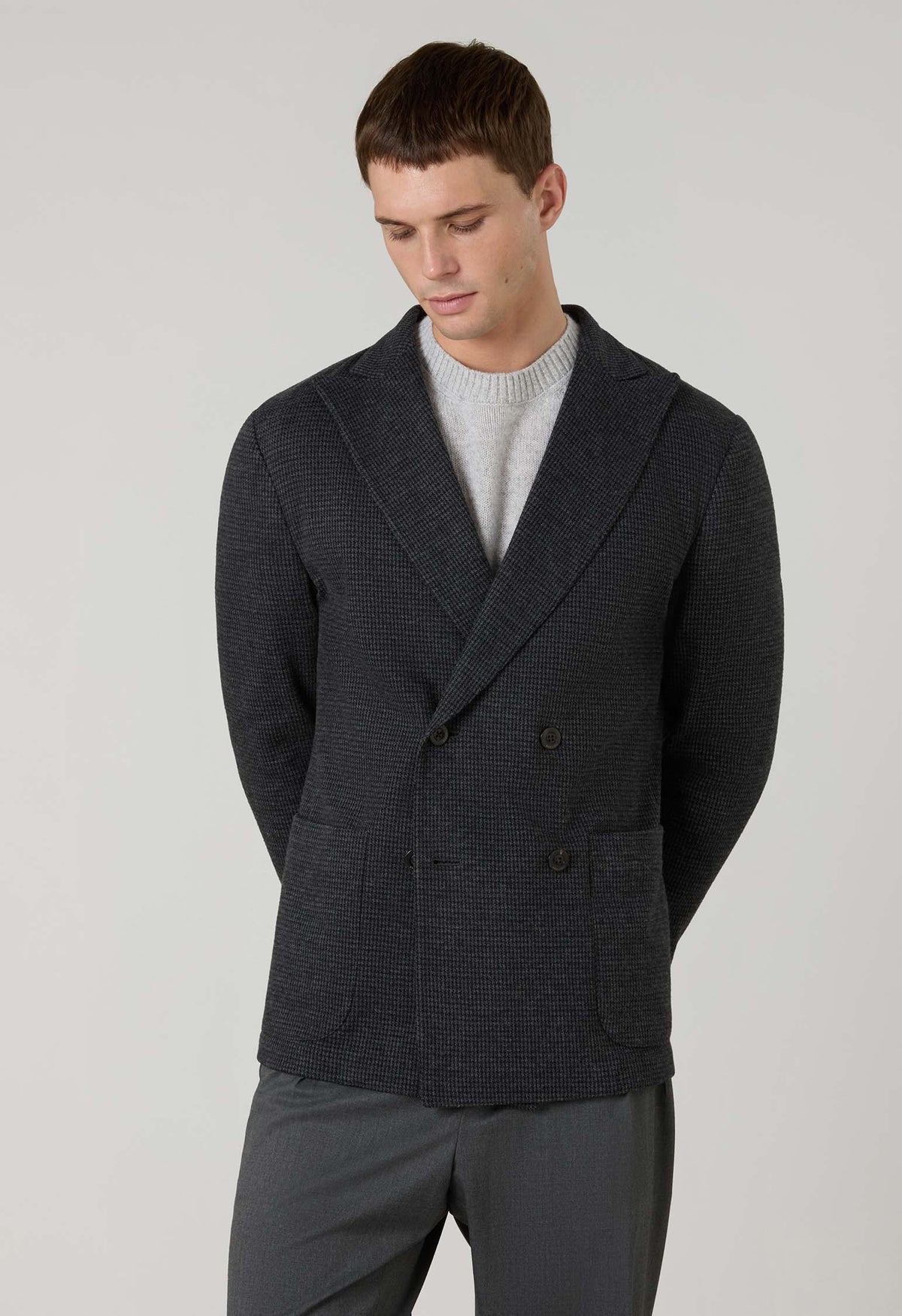 Grey Houndstooth Jersey double-breasted Easy Jacket