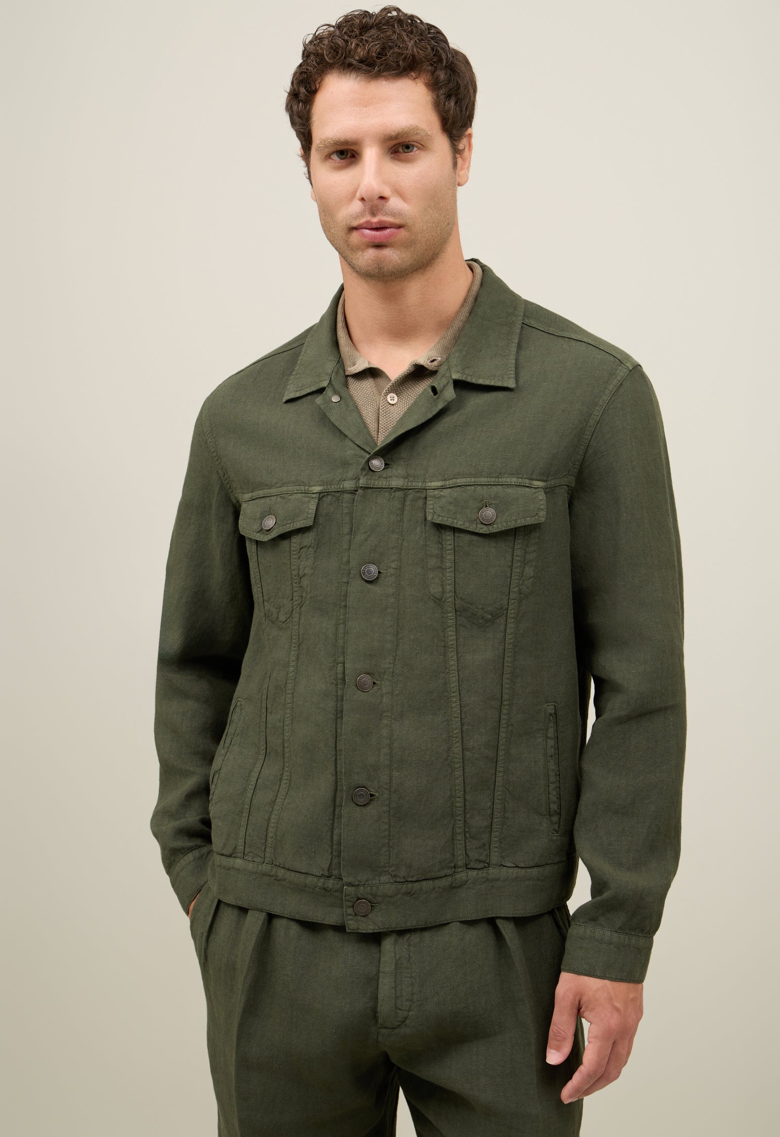 Green Garment Dyed Linen Biker Jacket
